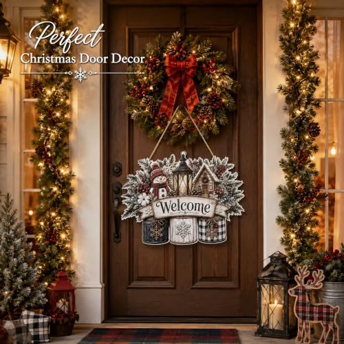 Christmas Decorations - Winter Snowman Welcome Wooden Sign for Front Door