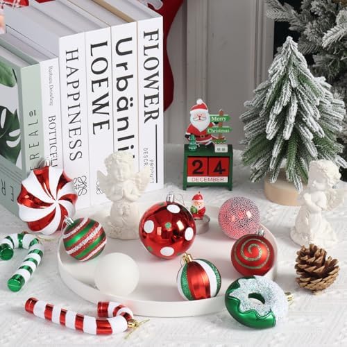 105Ct Red Green and White Christmas Ornaments Set Shatterproof Candy Cane Theme Decorations for Xmas Tree, Donut Polka Dot Assorted Ornaments for Holiday Family Decor (Red Green White)