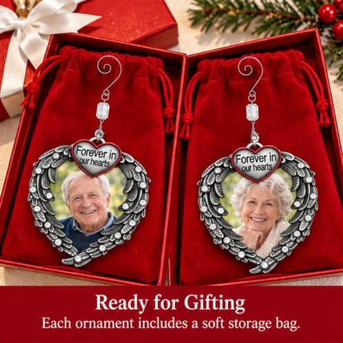 Memorial Photo Ornaments Set of 2 – “Forever in Our Hearts” Silver Heart with Angel Wings – in Memory Picture Ornament – Sympathy Gift for Loss of Loved One – 3.5" H x 3" W – Gift Storage Bags