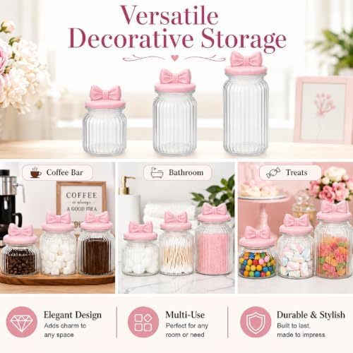 Mimorou 3 Set Pink Bow Candy Glass Jars with Ceramic Lids 44oz 33oz 22oz Summer Bow Cookie Jars Airtight Glass Food Storage Containers for Spring Summer Party Tea Cookie Snacks Sugar