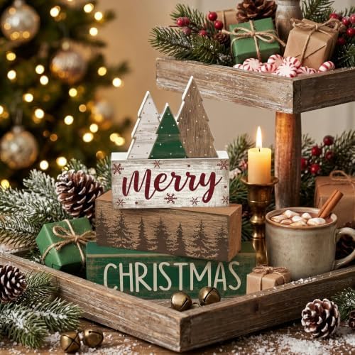 Lineshading 4 Pcs Christmas Table Decor Retro Christmas Tree Centerpiece with Buffalo Plaid Pattern Winter Tiered Tray Decor Rustic Wooden Pine Tree Xmas Decoration for Home Shelf Party Kitchen