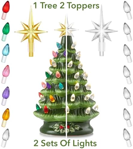Casafield Hand Painted Ceramic Christmas Tree, Green 12-Inch Pre-Lit Tree with 100 Multi Color Lights and 2 Star Toppers