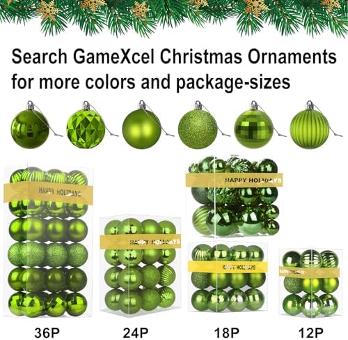 Lime Green Christmas Ornaments - Christmas Tree Decorations Shatterproof Hanging Balls for Birthday St. Patrick's Day Easter Mardi Gras Wedding Decorations Set of 36pcs, Multi-Sizes(1.6",2.5",3.2")