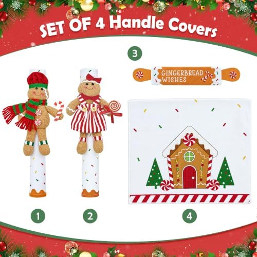 Mosoan Christmas Decorations Indoor Set of 4 Christmas Refrigerator Fridge Door Handle Covers, Gingerbread Man Christmas Kitchen Decor Appliance Handle Covers Decorations Xmas Holiday Decor