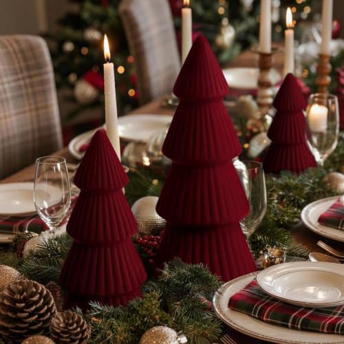 Christmas Decorations - Set of 3 Velvet Ceramic Christmas Trees (Red)