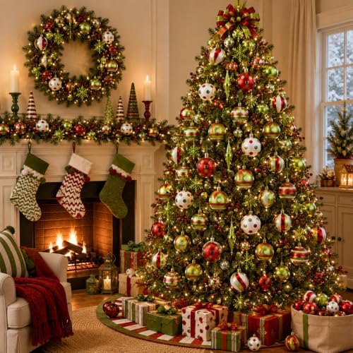 Lunmon 64 Pcs Lime Green Red Christmas Ornament Polka Dot Stripe Xmas Bulbs