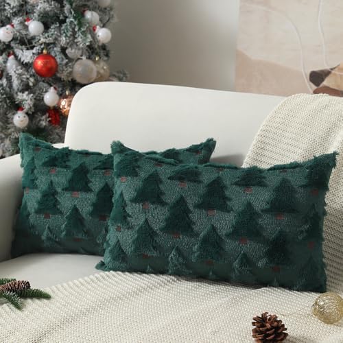 Allorry Christmas Pillow Covers 12x20 inch Set of 2 Christmas Decorations Soft Plush Faux Fur Wool Green Christmas Tree Throw Pillow Cases Winter Holiday Decor for Sofa Living Room PT-002A12