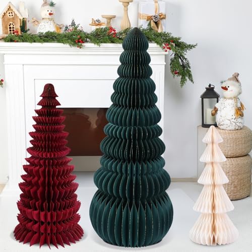 3 Pcs Large Honeycomb Christmas Tree,Classic,Green, Red, White