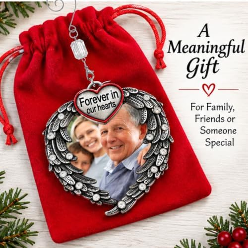 Memorial Photo Ornament for Loved One – Silver Heart Angel Wings Picture Frame Ornament, in Loving Memory Sympathy Gift for Loss of Mom, Dad, Family Member, Bereavement Christmas Keepsake