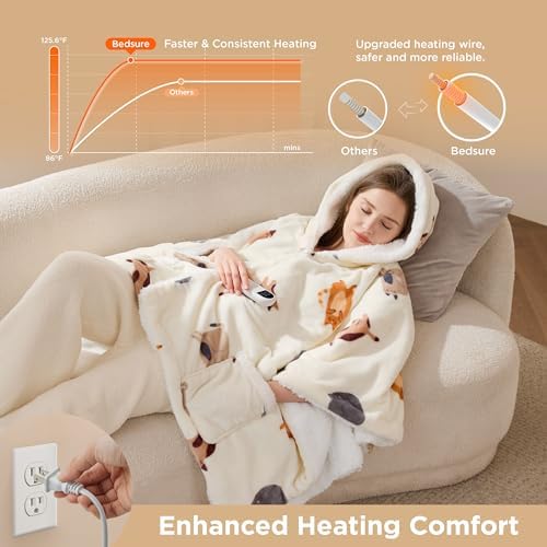 Bedsure Wearable Heated Blanket Hoodie Shawl, Preheat, 55"x64" Printed Cat