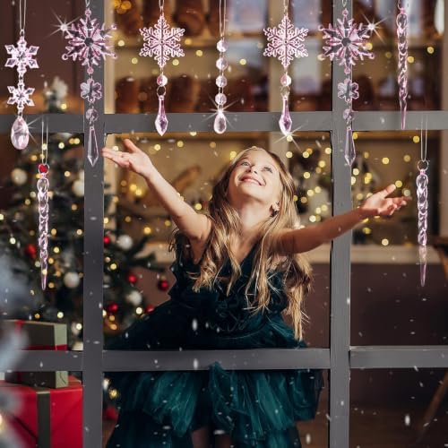 36pcs Crystal Christmas Ornaments for Tree Decorations, Pink Hanging Acrylic Snowflake Icicle Star Ornaments with Drop Pendants for Winter Wonderland Chandelier Crystals Decorations Supplies