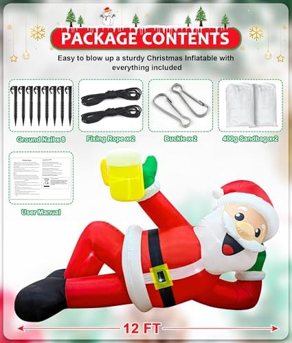 EAONE 12FT Christmas Inflatable Outdoor Decoration, Christmas Blow Ups Yard Decorations Giant Inflatable Santa Claus Lying Flat with Built-in LED Lights for Yard, Garden, Lawn, Home Xmas Holiday Decor