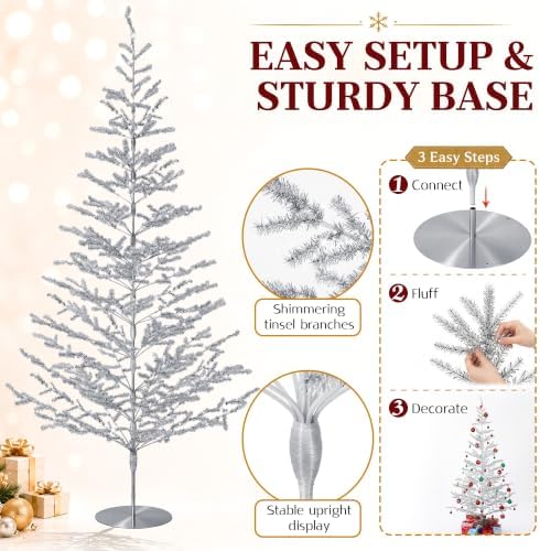 5ft Silver Tinsel Christmas Tree, Retro Aluminum Christmas Tree