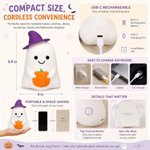 Rechargeable Tap-Control Magic Halloween Ghost Squishy Night Light