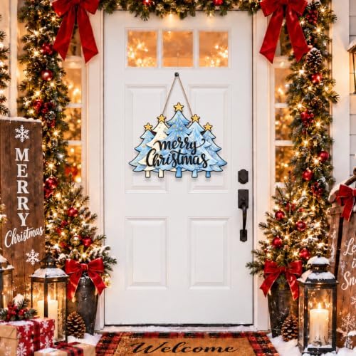 Christmas Decorations Blue White Christmas Tree Merry Christmas Wood Sign