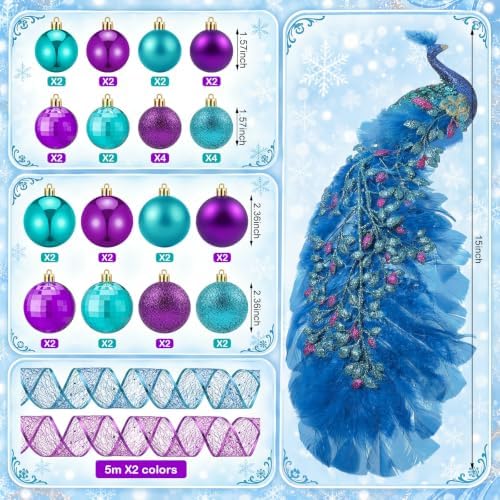 39 Pcs Christmas Tree Decorations Peacock Topper Ornaments Ribbon Blue and Purple Balls Christmas Tree Hanging Ornaments for Xmas Home Office Decorations