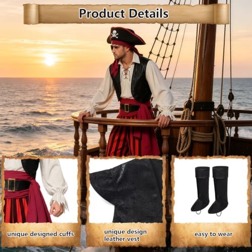 9pcs Adult Halloween Pirate Costume for Men with Accessories