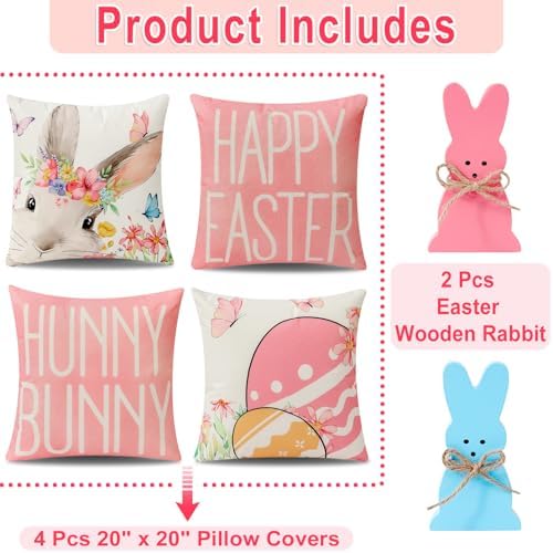 multiwins 8-Sided Easter Pillow Covers Set of 4 with 2 Wooden Bunny Decorations, 20 x 20 Inch Reversible Decor with Bunny, Floral Eggs & “He is Risen” Prints for Indoor/Outdoor, Spring Holiday Decor