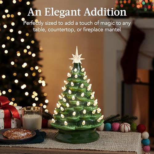 Best Choice Products 15in Ceramic Christmas Tree, Pre-lit Hand-Painted Tabletop Holiday Tree, 2 Star Toppers, 64 Lights - Green w/Warm White Bulbs