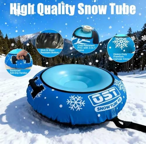 OST Inflatable Snow Tubes for Kids & Adults, Heavy Duty Snow Sled with Premium Canvas Cover, Smooth Bottom, Cold-Resistant PVC, Outdoor Sled Toys for Winter Fun