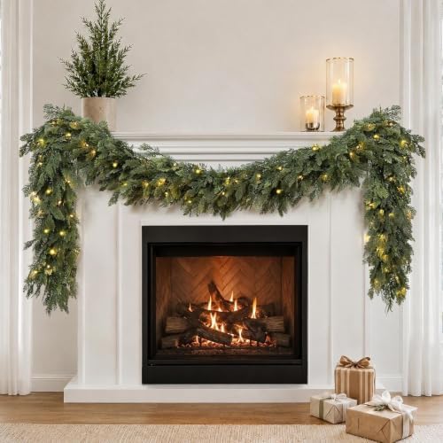 Pre-Lit Christmas Garland 6FT Decorations Real Touch Cedar Cypress Pine Greenery Artificial Green Christmas Garland with Lights for Mantle, Fireplace, Table, Stairs, Door, Indoor Outdoor Decorations