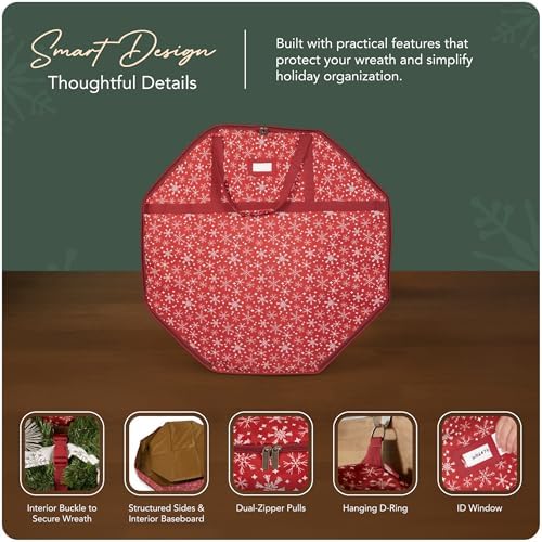 Covermates Deluxe Structured Wreath Storage Bag 36" Diameter Red Snowflake