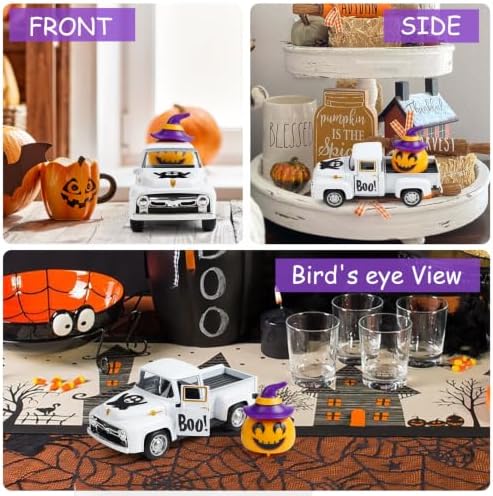 White Halloween Truck Decor, Pumpkin Pickup for Farmhouse Tabletop