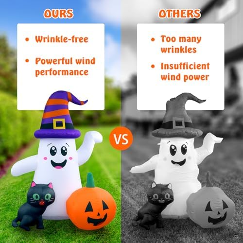 5FT Cute Halloween Inflatables Ghost, Blow Up Wizard Ghost with Pumpkin Black Cat for Garden Lawn Indoor Party Decor, Halloween Decorations Outdoor Inflatables