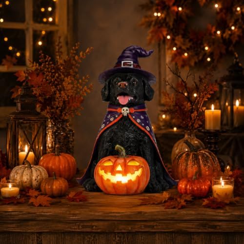 Black Lab Dog Statue Halloween Decorations Outdoor with LED Pumpkin