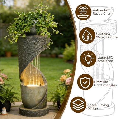 Sunlinua Outdoor Water Fountain with LED Light, Modern Spiral Tiered Outdoor Fountain with Stone Planter Curved Freestanding Waterfall Fountains for Garden Patio Deck Porch