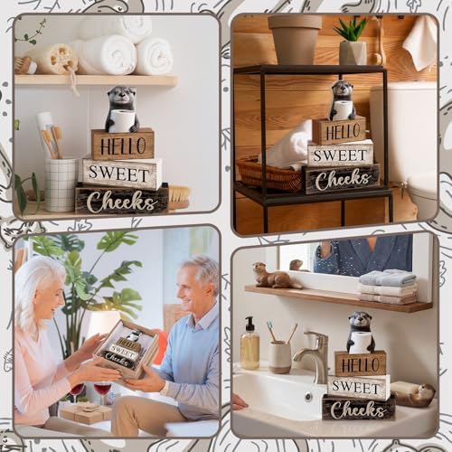 Moucuny 4 Pcs Otter Bathroom Decor Wooden Block Signs Hello Sweet Cheeks