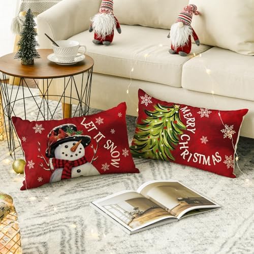 AVOIN colorlife Merry Christmas Let It Snow Joy Stripes Gift Box Red Throw Pillow Covers, 12 x 20 Inch Xmas Tree Holiday Cushion Case Decoration for Sofa Couch Set of 4