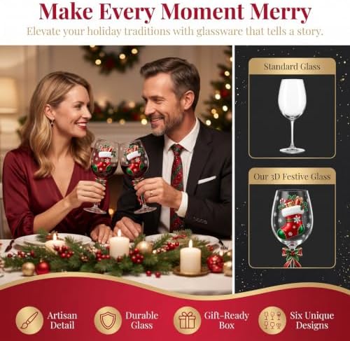 Christmas Wine Glass Collection Gift Box Set, Christmas Wine Glasses, Raised Holiday Goblet with Snowflake Decor, Festive Glassware, Wines & Cocktails, Holiday Party & Table Decor (D)