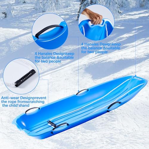Toboggan Snow Sled for Adults, 48in Plastic Sleds with Pull Rope and 4 Handles, Outdoor Plastic Snow Sled for Kids and Adults