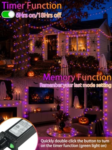 2 Pack 66FT 200 LED Halloween Lights Outdoor Indoor, Orange and Purple