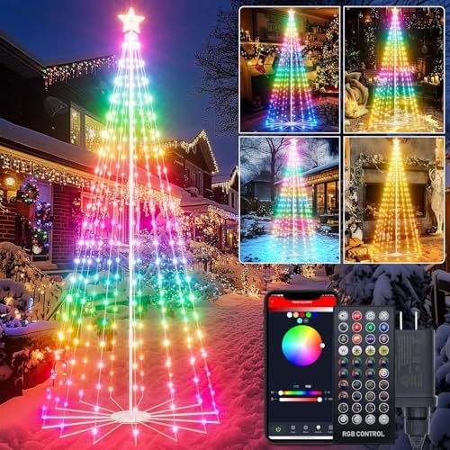 8Ft Lighted Christmas Tree, 340 RGB LEDs, DIY 16 Mil Colors Changing, Prelit Cone Tree, Music Sync, App & Remote Control, Outdoor Decoration for Bars, Patio, Beach, Pool, Cruise Party