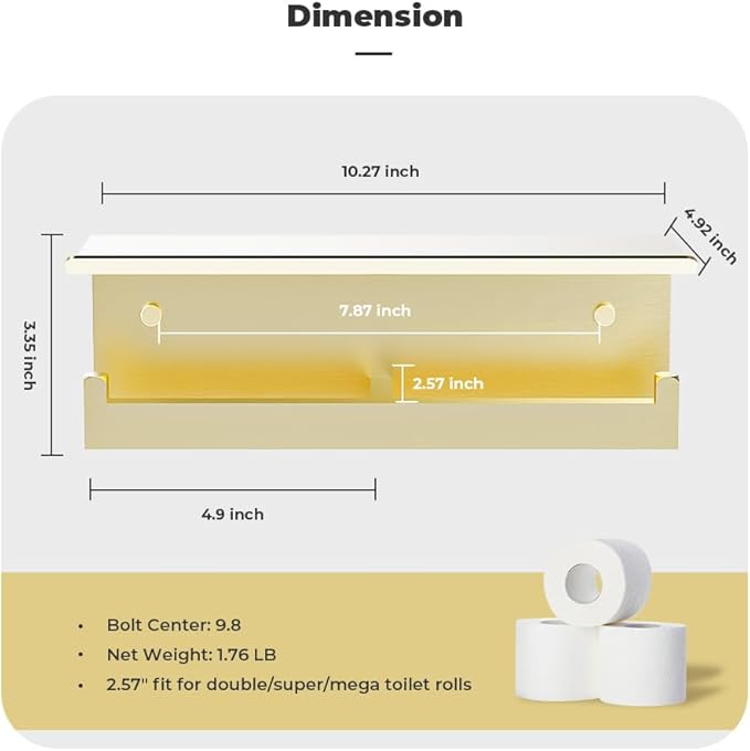 Double Toilet Paper Holder with Shelf, FreshGlow Tissue Holder Brushed Gold, Wall Mount Commercial Toilet Paper Dispenser Phone Shelf Stainless Steel, Tissue Roll for Bathroom