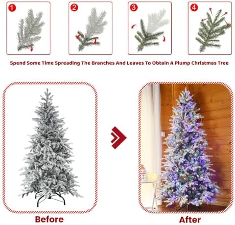 YUNKE 6FT Prelit Flocked Christmas Tree with Fluffy Tips & 9 Lighting Modes