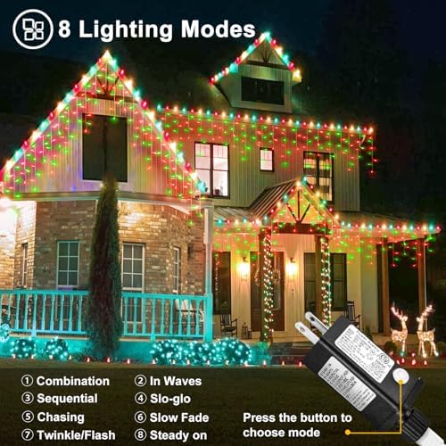 99ft Red and Green Christmas Lights, 1216 LED Icicle Lights for Outside, Clear Wire Twinkle Lights with 8 Modes Timer Waterproof for House Window Party Tree Holiday Patio Yard Home Decor