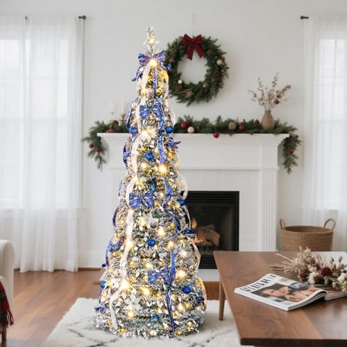 VINGLI 7ft Pre Lit Pop Up Christmas Tree w/ 200 Lights, Fully Decorated Flocked Pencil Christmas Tree, Collapsible Xmas Tree for Holiday Party Decorations (Blue&Silver)