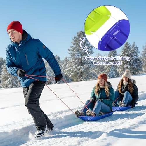 Poen 2 Pcs Plastic Snow Sled 35" Downhill Sprinter Winter Toboggan Sled Board with Pull Rope and Handles Snow Sleds for Kids Adults Downhill Sledding Sleigh Sand Board Sleigh