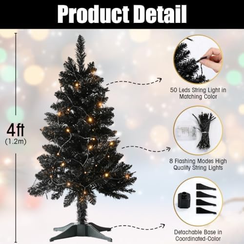 4ft Black Mini Artificial Christmas Tree Hinged Design with 100 Battery Powered LED Lights, 202 PVC Tips Small Black Xmas Tree for Apartment Corner Office Indoor Holiday Party Decorations