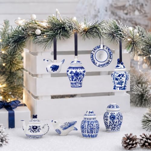 Peryiter 12 Pieces White Blue Christmas Ornaments Chinoiserie Porcelain Christmas Ornaments Mini Ginger Jar for Xmas Tree Decoration(Vivid)