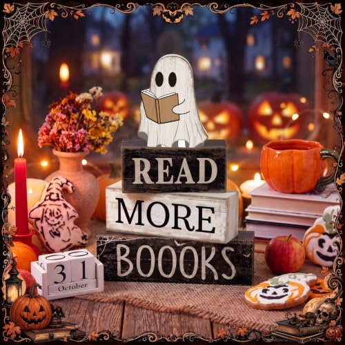 Moucuny 4 Pcs Halloween Table Decoration Wooden Ghost Reading Stacked Block