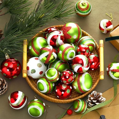 Lunmon 64 Pcs Lime Green Red Christmas Ornament Polka Dot Stripe Xmas Bulbs