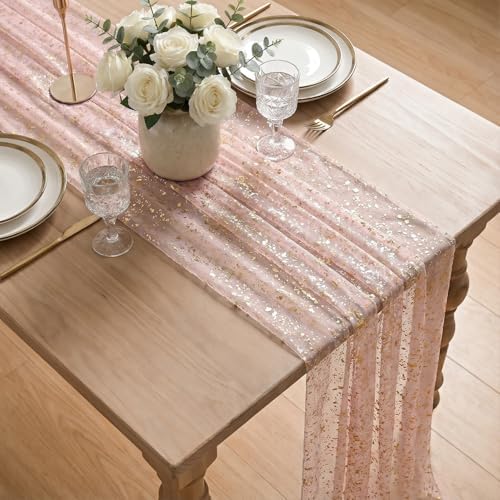 Artoid Mode 6PC Gold Gauze Pink Table Runner 120 Inch 10FT, Glitter Metallic Foil Sheer Dining Wedding Anniversary Holiday Birthday Table Decor for Home Party