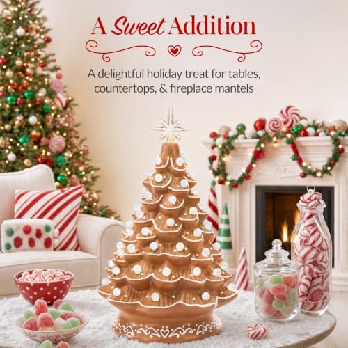 Best Choice Products 15in Ceramic Christmas Tree, Pre-lit Hand-Painted Tabletop Holiday Tree, 2 Star Toppers, 64 Lights - Gingerbread w/White Bulbs