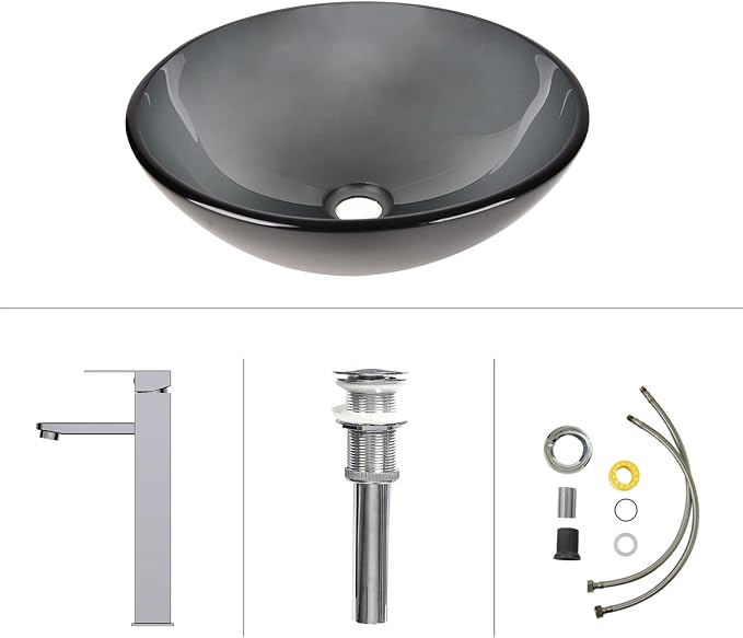 Bathroom Vessel Sink, Tempered Glass Vanity Round Bowl, Bluish Grey | Chrome Faucet, Pop Up Drain, Above Counter, Easy Clean