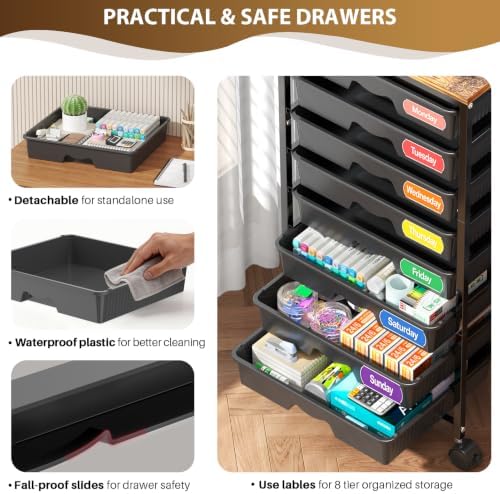 Goovilla Rolling Cart with 8 Drawers for Art, Dorm, Office, Craft, Black