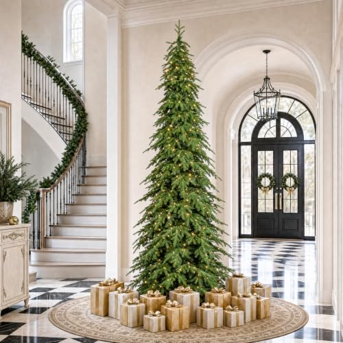 Glitzhome Prelit Pencil Artificial Christmas Tree, 11ft Slim Christmas Tree with 800 Warm White & Multi-Color LED Lights, Chicago Evergreen Spruce with 3,637 PE&PVC Tips, Easy Setup,Sturdy Metal Stand